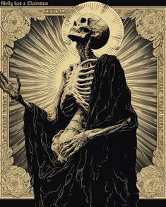 a skeleton sitting on top of a chair in front of a sunburst background