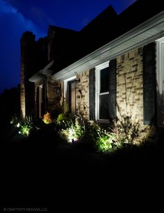 a house that is lit up at night with some plants in front of the house