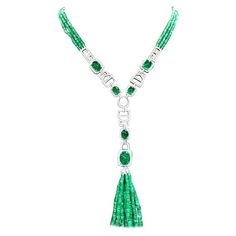 An exquisite necklace in Art Deco design, so refined, particular, a very adorable style. Necklace come in 18K gold with emeralds beads , and 40 pieces of Natural Zambian Emeralds, extra fine quality, spectacular color , in perfect cabochon oval cut , of 40,50 carats, and 774 pieces of natural diamonds in round brilliant cut , of 5,50 carats, F color VS clarity, very sparkly. Piece of high jewelry. Handcrafted by artisan goldsmith. Excellent manufacture and quality of stones . Complete with AIG report. Whosale price . Note : on my shipment, no taxes. Luxury Green Diamond Necklace For Anniversary, Green Luxury Diamond Necklace For Anniversary, Luxury Hand Set Emerald Necklaces, Luxury Hand-set Emerald Necklaces, Luxury Diamond Cut Emerald Necklace For Anniversary, Exquisite Emerald Necklace For Anniversary, Luxury Emerald Pendant Necklace For Formal Occasions, Formal Emerald Necklaces With Diamond Cut, Briolette Emerald Necklace For Formal Occasions