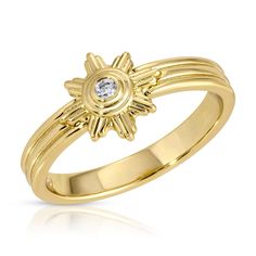 Experience the magic of the universe in a unique starburst design with a brilliant CZ center. The sleek ridged band adds a touch of elegance, completing the stunning look. 14k gold plated brass, cubic zirconia THIS ITEM IS FINAL SALEQuestions about Shipping & Returns? Elegant Starburst Diamond Ring For Anniversary, Star Shaped Cubic Zirconia Promise Ring, Starburst Brilliant Cut Jewelry For Anniversary, Gold Star-shaped Diamond Ring For Formal Occasions, Gold Stackable Rings With Center Stone, Gold Diamond Stackable Rings With Center Stone, Formal Gold Stackable Rings With Center Stone, Gold Star-shaped Ring For Formal Occasions, Gold Starburst Ring As A Gift