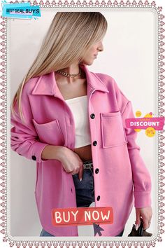 Pink Solid Color Pocketed Button Up Long Sleeve Shacket Blazer Plus Size, Lisa Fischer, Blazer Casual, Pocket Blouse, Pink Long Sleeve Shirt, Pink Solid, Casual Vest, Button Up Long Sleeve, Pocket Shirt