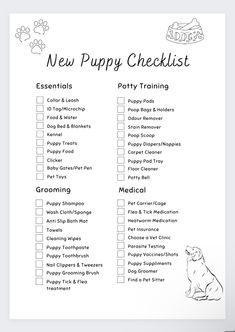 a printable puppy checklist is shown in black and white