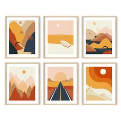 four framed art prints depicting mountains and roads in different colors, each with an image of a road going through it