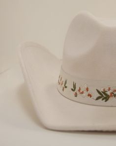 Cream Floral Embroidered Strap Cowboy Hat - Cindy Jane Boutique - Hats White Flat Brim Hat For Ranch, White Country Style Hat With Flat Brim, White Brimmed Country Hat, White Western Felt Hat For Kentucky Derby, White Country Style Brimmed Hat, White Western Felt Hat For The Beach, White Flat Brim Felt Hat For Country Events, White Felt Hat With Curved Brim For Rodeo, White Felt Hat With Flat Brim For Country Events