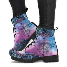 Title:   Purple Dragonfly Boots Handcrafted Womens Bohemian Boho Chic   Faux  Vegan Leather Shoes Personaized Combat Gifts  Classic Lace Up  AnkleDescription:Women's Boots designed to express your personality!With a stunning Dragonfly Design, these custom made boots are ready for the camera. They are custom made and carefully crafted to express your uniqueness and make you stand from the crowd! Material that we use is faux leather, so they are entirely vegan-friendly, and the Purple Dragonfly Ha Trendy Festival Boots With Round Toe, Trendy Round Toe Boots For Festivals, Bohemian Lace-up Winter Boots, Bohemian Boots With Flat Heel For Festival, Casual Ankle-high Festival Boots, Casual Ankle-high Boots For Festivals, Hippie Shoes, Purple Dragonfly, Bohemian Boots