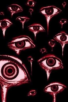 many different types of eyes are shown in the dark room with red light coming from them