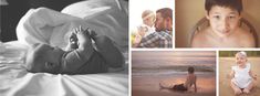 a collage of baby pictures with their mom and dad on the beach in black and white