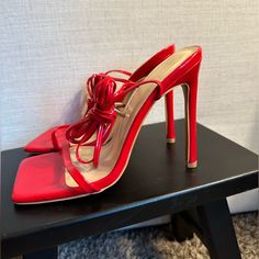 Brand New Never Been Worn. Square Toe Long Straps Size Us 9 Fits Like An 8/8,5 Us Red High Heel Heels For Date Night, Red High Heels For Date Night, Red Heels For Spring Date Night, Red Heels For Date Night In Spring, Chic Red Heels With Wrapped Heel, Red Heels, Strap Heels, Shoes Women Heels, Patent Leather