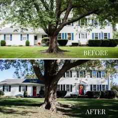 before and after photos of a large white house with blue shutters on the windows