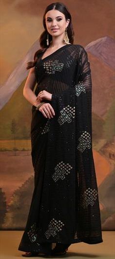 Black and Grey color Saree in Georgette fabric with Embroidered, Sequence, Thread work Elegant Black Saree With Motifs, Formal Black Saree With Mirror Work, Black Embroidered Saree For Party, Formal Black Embroidered Saree, Elegant Black Saree For Celebration, Black Embroidered Saree For Celebration, Celebration Black Embroidered Saree, Grey Color Saree, Saree In Black