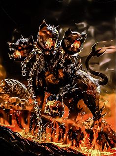 an image of a demon riding a horse with chains on it's back and flames in the background