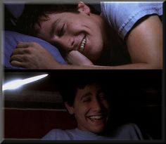 two pictures of a man laying in bed with his head on the pillow and smiling