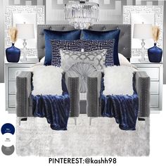 a bedroom with blue and white decor on the walls, carpeted flooring and bedding