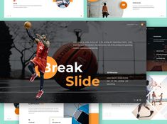 the website design for break slide is shown in orange, blue and green colors with an image of a basketball player jumping up into the air