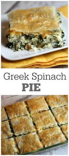 greek spinach pie on a white plate with text overlay that reads, greek spinach pie