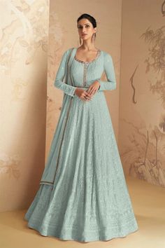 Buy Dazzling Georgette Fabric Light Cyan Color Anarkali Suit For Function Online from SareesBazaar at Best Price Light Blue Anarkali, Blue Anarkali, Georgette Anarkali, Cyan Colour, Modest Evening Dress, Light Cyan, Salwar Kameez Designs, Anarkali Suit, Anarkali Dress