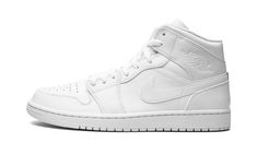 Air Jordan 1 Mid 554724 136 White Mid-top Jordan Shoes With Laces, White Mid-top Jordan Shoes For Light Sports, White Mid-top Jordan Shoes For Streetwear, Jordan 1 Mid Triple White, Luxury Mid-top White Jordan Shoes, White Forces, Jordan Mid, Wings Logo, Mens Nike Air