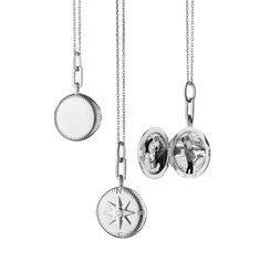 Adventure Locket Compass Locket, Monica Rich Kosann, Locket Necklace, White Sapphire, Sterling Silver Chain, Bezel Setting, Sterling Silver Chains, Compass, Locket