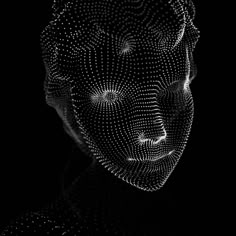 a black and white photo of a woman's face made up of dots in the shape of a human head