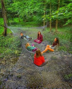 Come to New Moon Retreat in North Carolina to socialize, hangout, and even meditate right above the water! Tree Netting Hammock, Outside Fort Ideas, Nature Play Backyard, Woods Hangout Spot, Large Hammock, Tree Net, Net Hammock, Tree Fort, Big Farm