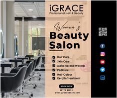 an advertisement for a beauty salon with chairs and mirrors in front of the window,