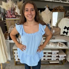 Cute tops and blouses at a store near me Razorback Shirt, Square Neck Design, Go With The Flow, Unique Top, Plus Size Pants, Cooler Weather, Blue Top, The Trend, Matching Dresses