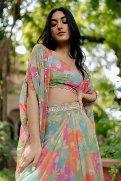 Buy Paulmi and Harsh Multi Color Pure Crepe Floral Print Jacket And Draped Skirt Set Online | Aza Fashions Paulmi And Harsh, Trendy Outfits Indian, Indian Sari Dress, Floral Print Jacket, Simple Kurta Designs, Draped Skirt, Designer Dresses Casual