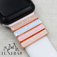 LuxeBars are the perfect way to accessorize your watch band for any time or anywhere. Just simply slide it on and you are ready to go. Whether you are looking for simple elegance or something fun and whimsical, these are for you. Our LuxeBar can be worn alone or stacked together to create the right amount of glam for any occasion! COMPATIBILITY - Fits most Apple watch bands, Versa Fit Bit watch bands and most 20mm and 22mm watch bands. SHIPPING: Orders generally ship in 1-2 business days, unless Fit Bit Watch, Apple Watch Charm, Screw Bracelet, Slider Bar, Fit Bit, Tech Wear, Watch Smart, Magic Bands, Necklace Charms