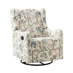 a white chair with blue and green flowers on it's armrests, in front of a white background