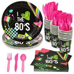 party supplies including pink plastic forks, napkins and cups with i the 80's on them