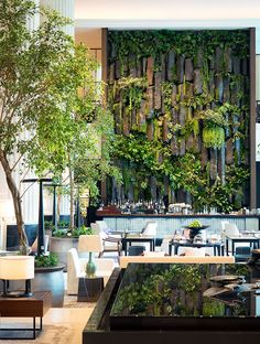 a living room filled with lots of furniture and plants on the wall above it's windows