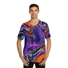 Unleash your vibrant style with the Men's Acidic Baseball Jersey. Made from 100% moisture-wicking polyester, this super light fabric (4.13 oz/yd² (140g/m²)) jersey offers superior breathability and comfort. Featuring a full button front and a regular fit, it grants you maximum freedom of movement when you're dancing to your favourite EDM beats. Puffer Jacket Men, Baseball Jersey Men, Rave Gear, Vibrant Style, Crop Top Tees, Swimsuit Dress, Neck Gaiters, Swimsuit Shops, Baseball Jersey