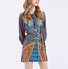 Waistline: NaturalSleeve Style: Lantern SleeveStyle: CuteMaterial: CottonSeason: SummerDresses Length: Above Knee, MiniNeckline: O-NeckSilhouette: LooseSleeve Length: Three QuarterFabric Type: Broadcloth ﻿SKU: 974193 Bohemian Long Sleeve Multicolor Print Dress, Multicolor Print Long Sleeve Dress For Vacation, Long Sleeve Multicolor Print Beach Dress, Long Sleeve Multicolor Print Dress For Beach, Stretch Long Sleeve Vacation Dress, Long Sleeve Printed Mini Dress For Beach, Stretch Long Sleeve Dresses For Vacation, Bohemian Fitted Mini Dress With Long Sleeves, Bohemian Fitted Long Sleeve Mini Dress