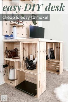 an easy diy desk made out of pallets and wood crates with text overlay that says cheap & easy to make