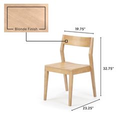 a wooden chair is shown with measurements for the seat and back side, as well as its height