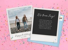 two girls walking on the beach with sprinkles and confetti around them