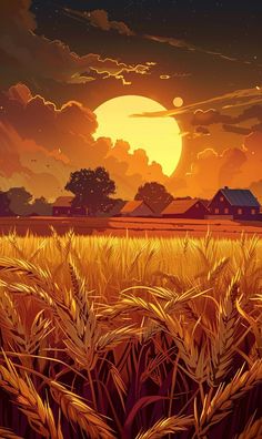 the sun is setting over a wheat field with houses and trees in the foreground