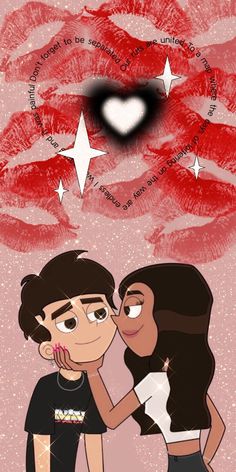 two people are kissing in front of red lipstick on the lips and stars above them