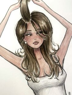 a drawing of a woman with her hair in the air, wearing a tank top