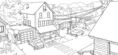 a black and white drawing of a house with cars parked on the street next to it