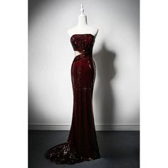 Burgundy Sequin Cutout Evening Dress with Floral Appliqué - Elegant Red Evening Gown Plus Size - WonderlandByLilian Red Sequined Gown For Gala, Burgundy Evening Dress With Fitted Bodice For Gala, Burgundy Floor-length Evening Dress, Red Carpet Gown With Fitted Bodice, Burgundy Evening Dress For Wedding Or Prom, Burgundy Evening Dress For Wedding And Prom, Burgundy Evening Gown With Sweep Train, Evening Gown With Sweep Train In Burgundy, Burgundy Evening Dress For Wedding And Prom Season