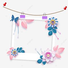 an empty frame with paper flowers and butterflies hanging on a clothes line, illustration, background png and psd