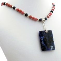 Sodalite Rhodonite  Rectangle Natural Stone Pendant Necklace Pink Rhodonite, Natural Stone Necklace, Sedona Az, Blue Sodalite, Beads Chain, Natural Stones Necklace, Cabochon Pendant, Stone Pendant Necklace, Blue Quartz