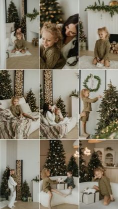 a collage of photos showing children playing around the christmas tree