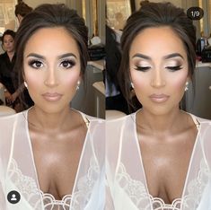 two pictures of a woman with makeup on her face and in the background there is a mirror