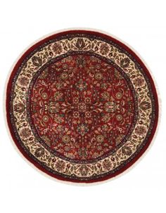 a red and beige rug with an ornate design on the center, in front of a white background