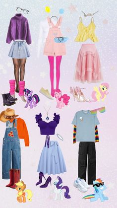 a group of children's clothing and shoes on display in front of a pink background