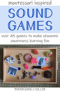 a wooden box filled with different types of toys and words that read sound games over 45 games to make phonicic awareness learning fun