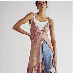 Free People Dewberry Floral Maxi Dress Printed Button Up Back Cross Strap Pink Olive New With Tags * Size: Large Retail Price $148 Rayon 60'' Long Please Note Line Through Tag To Prevent Store Return Chic Pink Maxi Dress With Tie Straps, Sleeveless Dress With Button Closure For Garden Party, Pink Tie Straps Maxi Dress For Beach, Spring Pink Maxi Dress With Adjustable Straps, Pink Tie Straps Maxi Dress For Spring, Pink Maxi Dress With Adjustable Straps For Garden Party, Sleeveless Maxi Dress With Buttons For Brunch, Pink Bohemian Maxi Dress With Adjustable Straps, Pink Buttoned Maxi Dress For Vacation