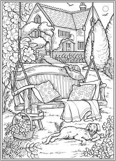 a black and white drawing of a house with a swing in the yard, surrounded by flowers